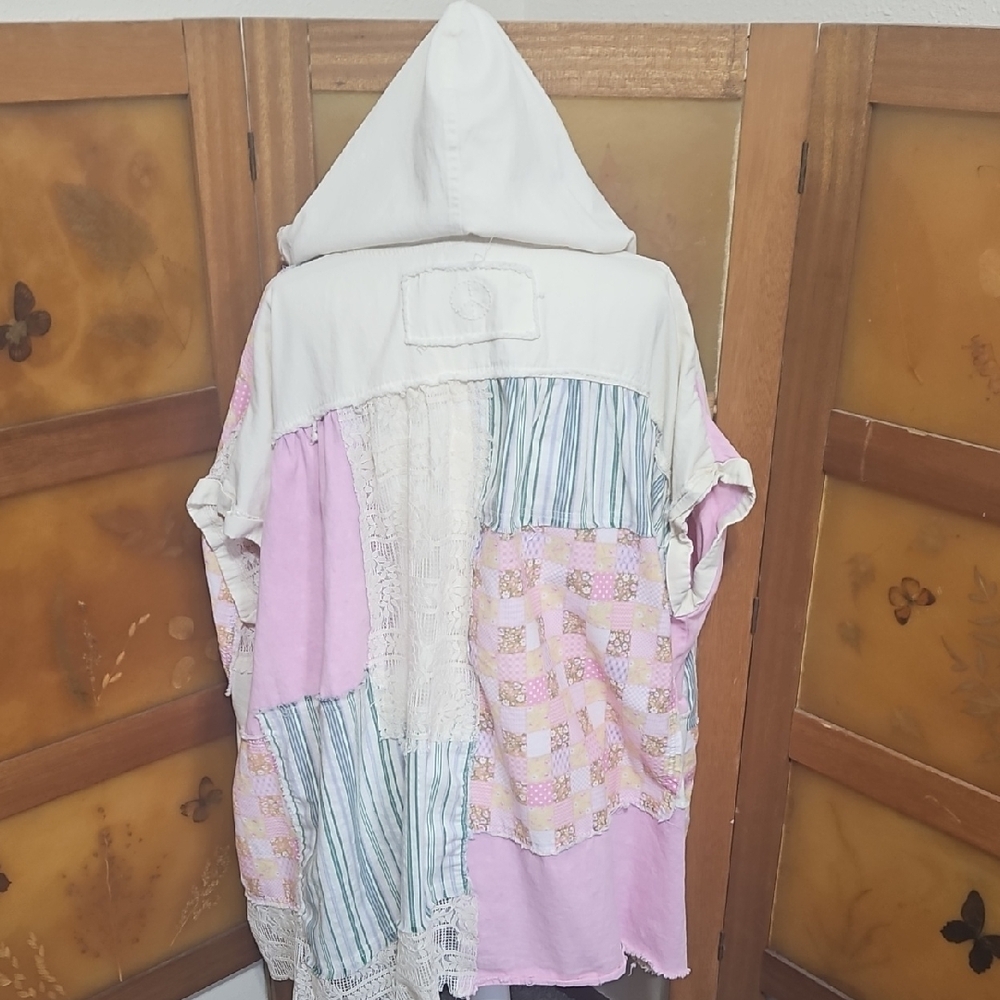 Boho Cottagecore Patchwork Button Down Distressed Oversized Hooded Shirt - Picture 12 of 16